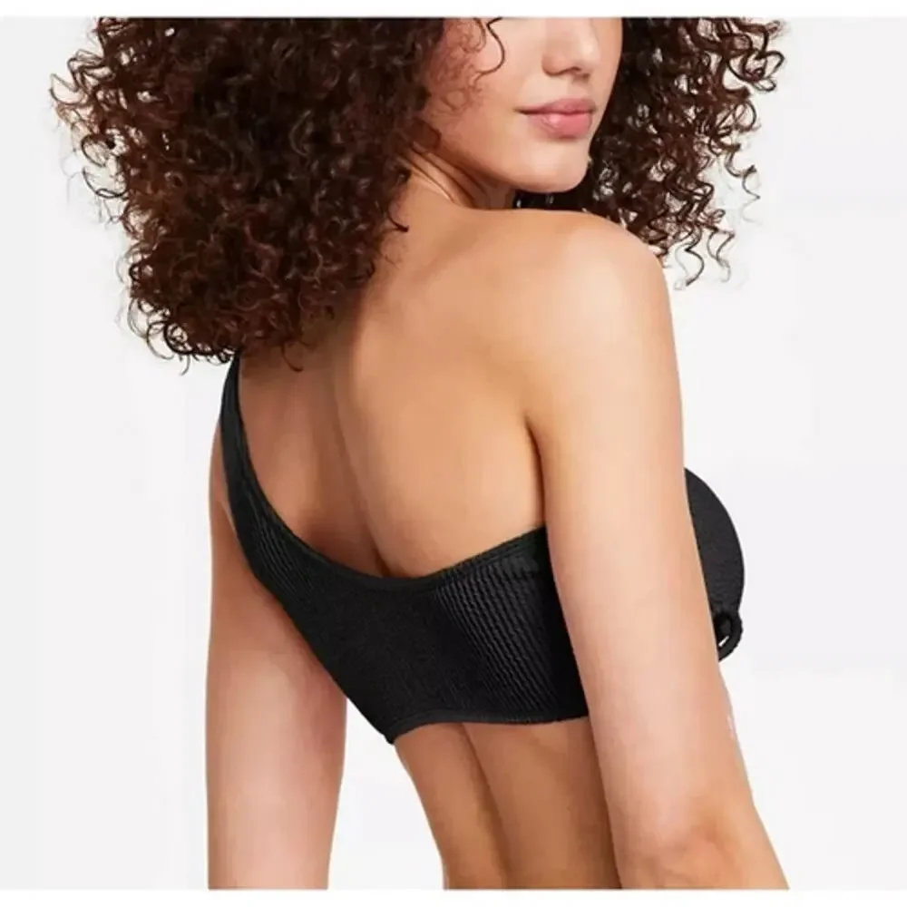 SALT + COVE Black Juniors' One-Shoulder Side-Shirred Bikini Top Size L NWOT